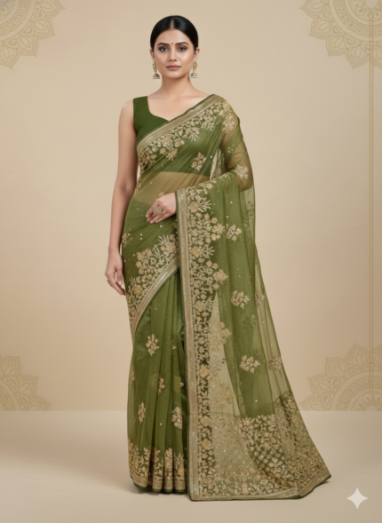 Green Banarasi Silk Saree (Floral Zari Work)
