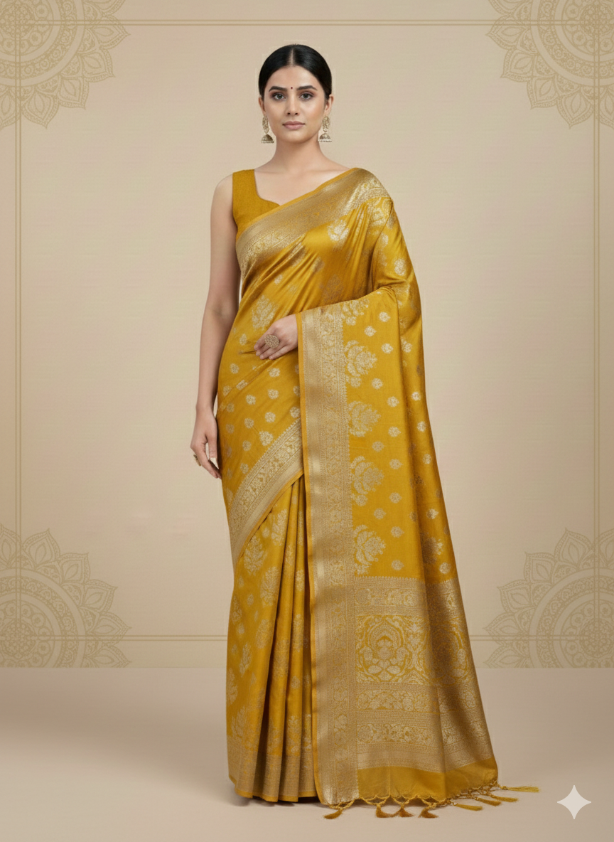 Light Yellow Front Pose Yellow Banarasi Silk Saree (Buti Zari Work) - Image 1