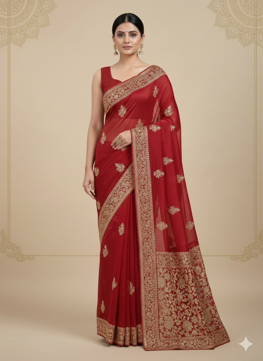 Red 4 Front Pose Bridal Red Silk Saree (Traditional Gold Zari Work) - Image 1