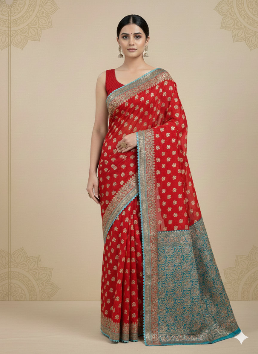 Red And Blue Front Pose Banarasi Silk Saree - Image 1