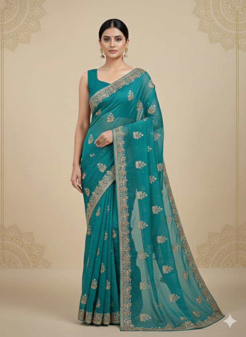 light blue front pose Banarasi Silk Saree (Buti Zari Work) - Image 1